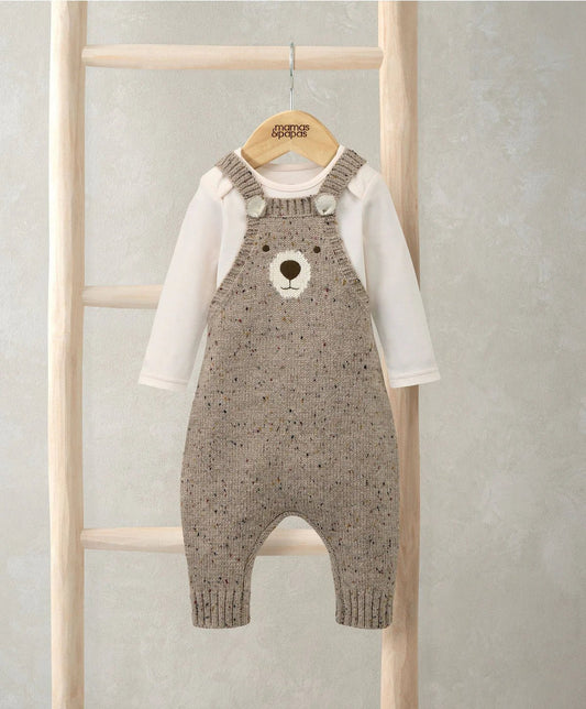 Baby knitted bear dungarees over a long-sleeve cream bodysuit, brown bear face patch