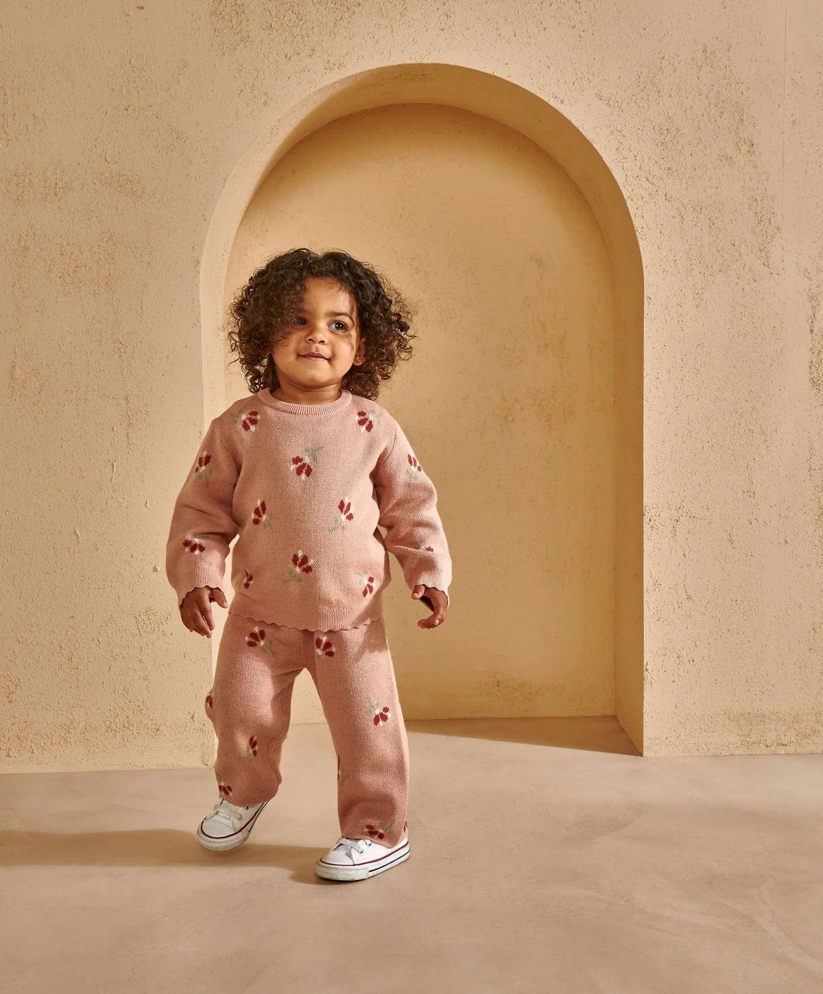 Blush pink floral knit set, long-sleeve top with pants on toddler