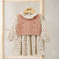 Two-piece floral dress and pink knit vest set with frill collar