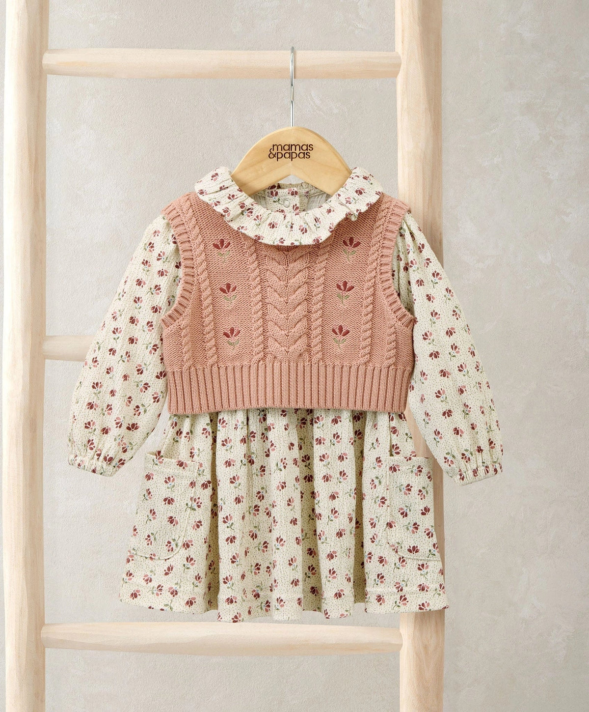 Two-piece floral dress and pink knit vest set with frill collar