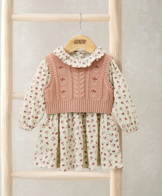 Two-piece floral dress and pink knit vest set with frill collar