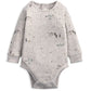 Light gray long-sleeve bodysuit with small woodland animal print and snap leg opening