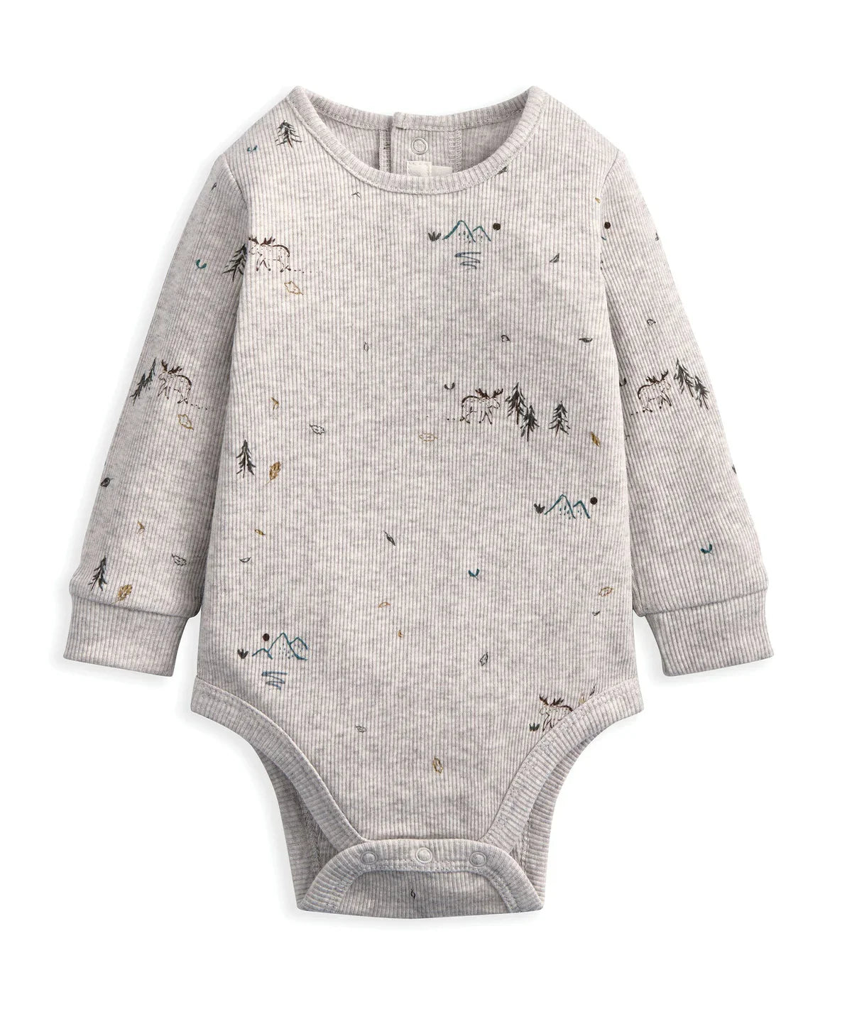 Light gray long-sleeve bodysuit with small woodland animal print and snap leg opening