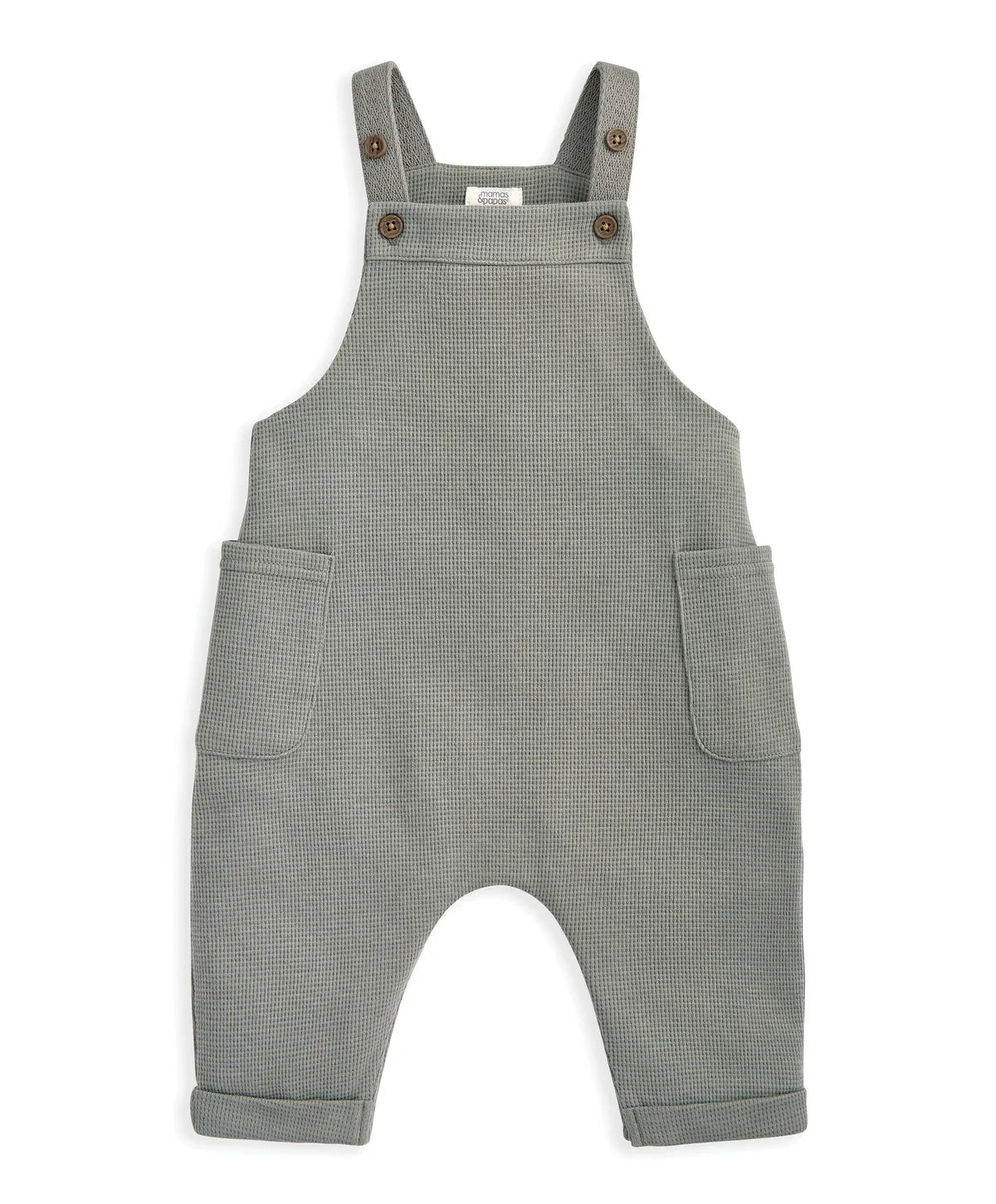 Gray waffle dungarees with adjustable straps, button details, and two front pockets