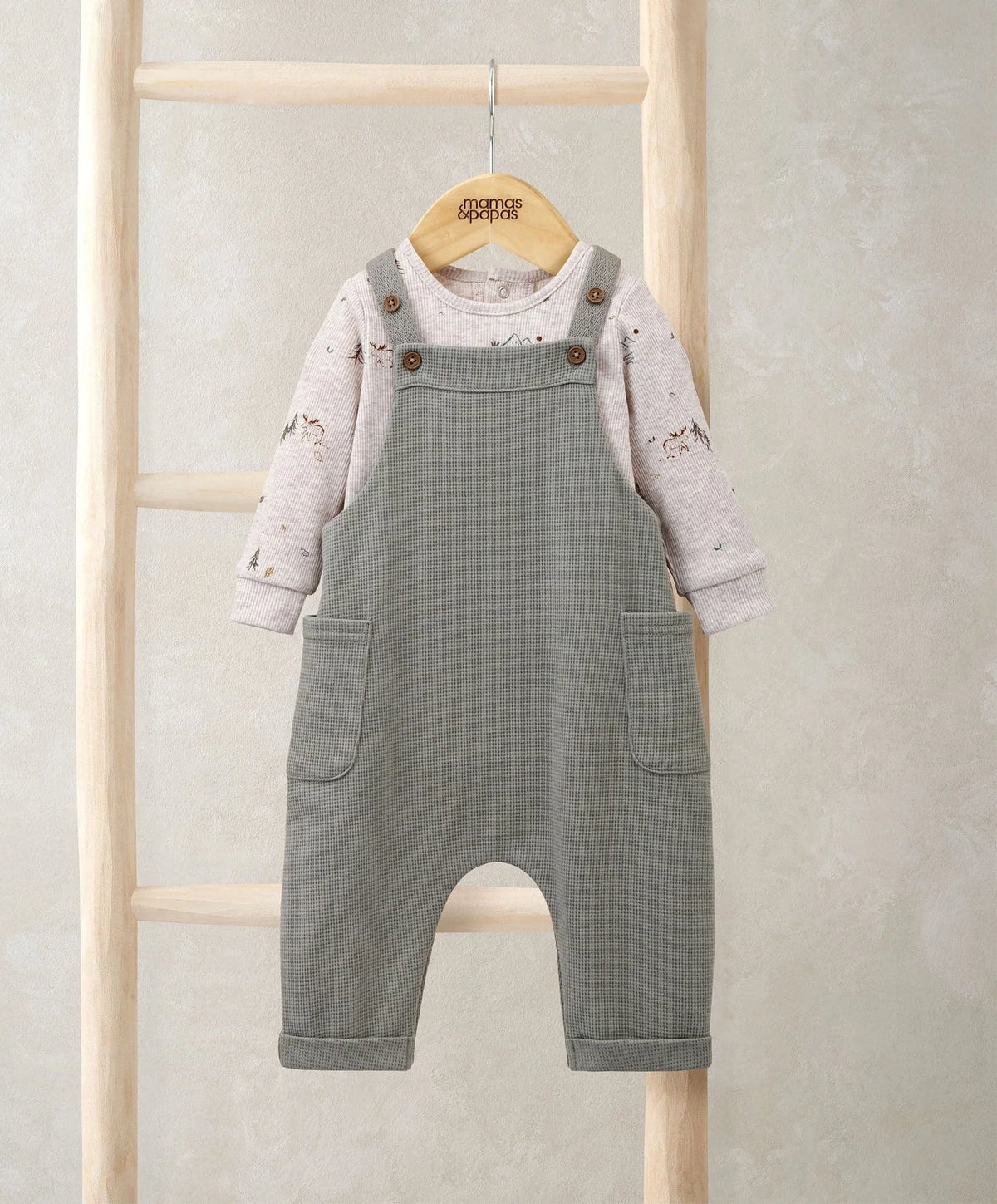 Baby bodysuit and dungarees set: light gray bodysuit, woodland print; gray overalls