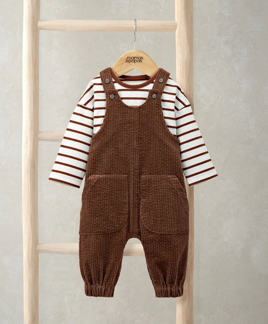 2-piece baby outfit: brown cord dungarees with pockets and brown-and-white striped top