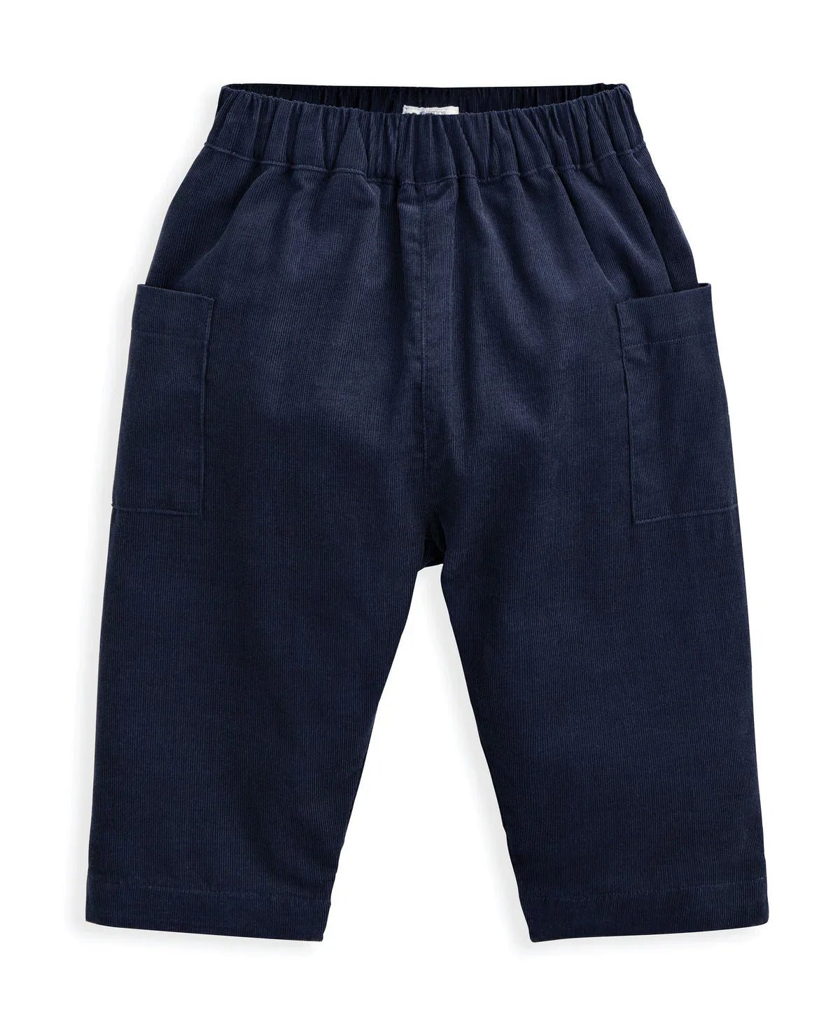 Dark blue cord trousers with elastic waist and side pockets