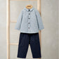 Checked shirt and blue cord trousers set, long-sleeve button front, dark blue pants