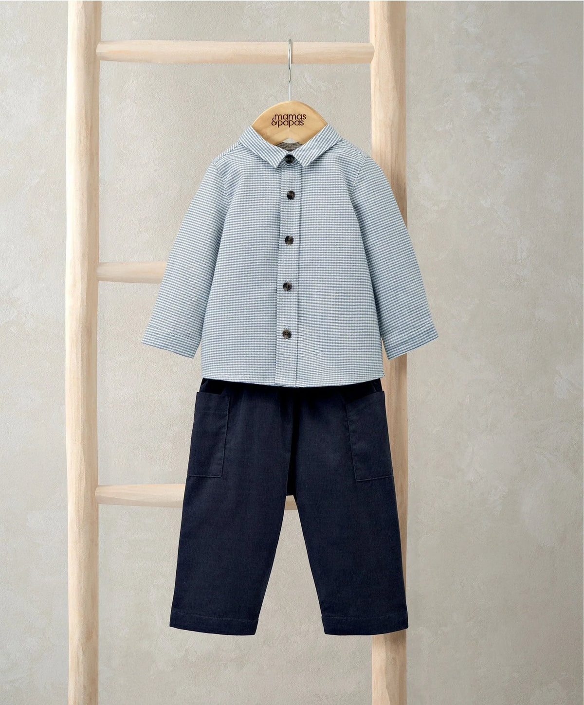 Checked shirt and blue cord trousers set, long-sleeve button front, dark blue pants
