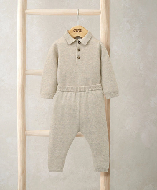 Oatmeal knit polo bodysuit set with matching pants, button placket, long sleeves