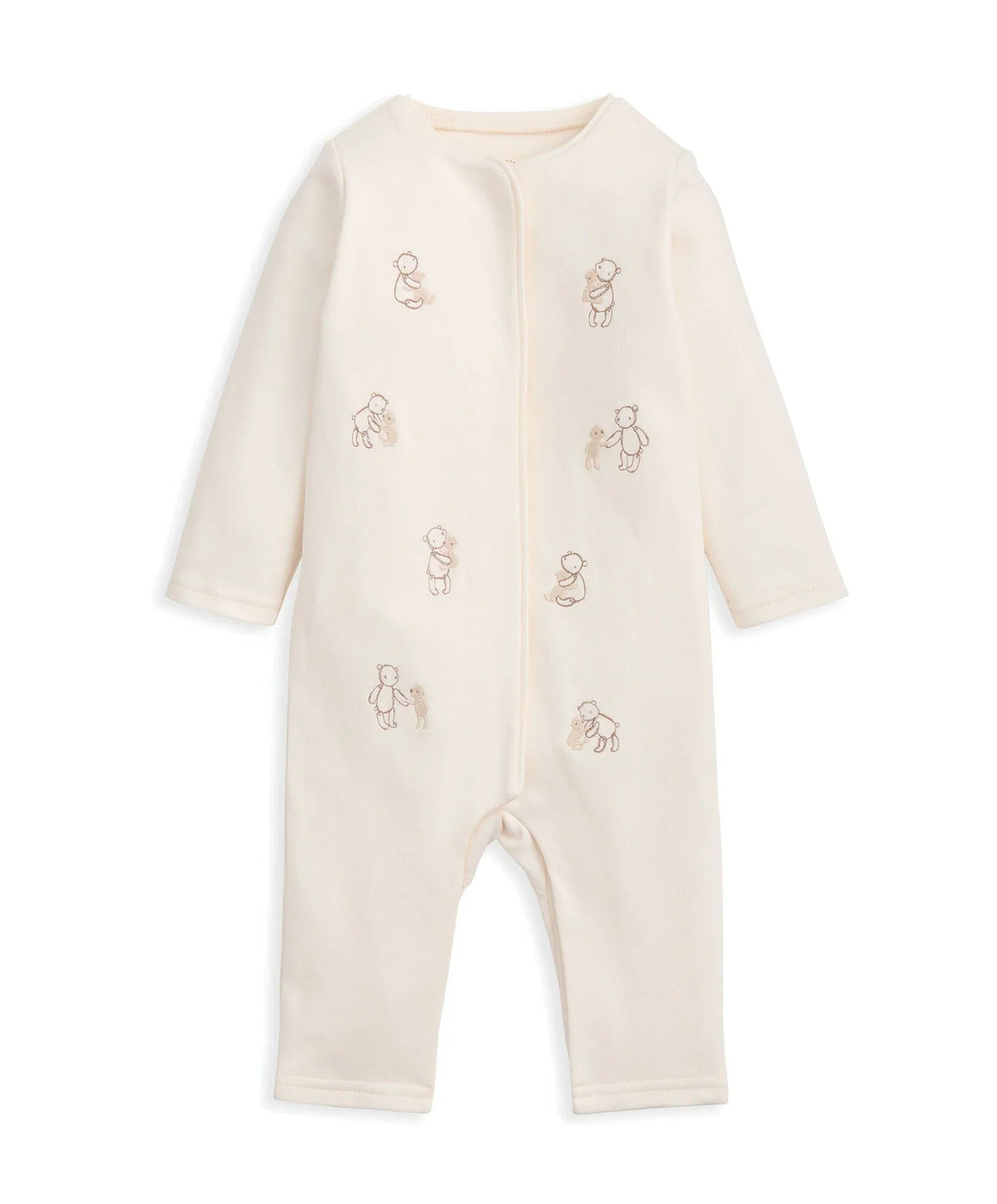 Cream long-sleeve romper with bear embroidery and front zip