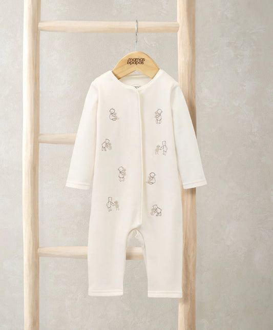 Cream embroidered bear romper, long sleeves with front zip and footed legs