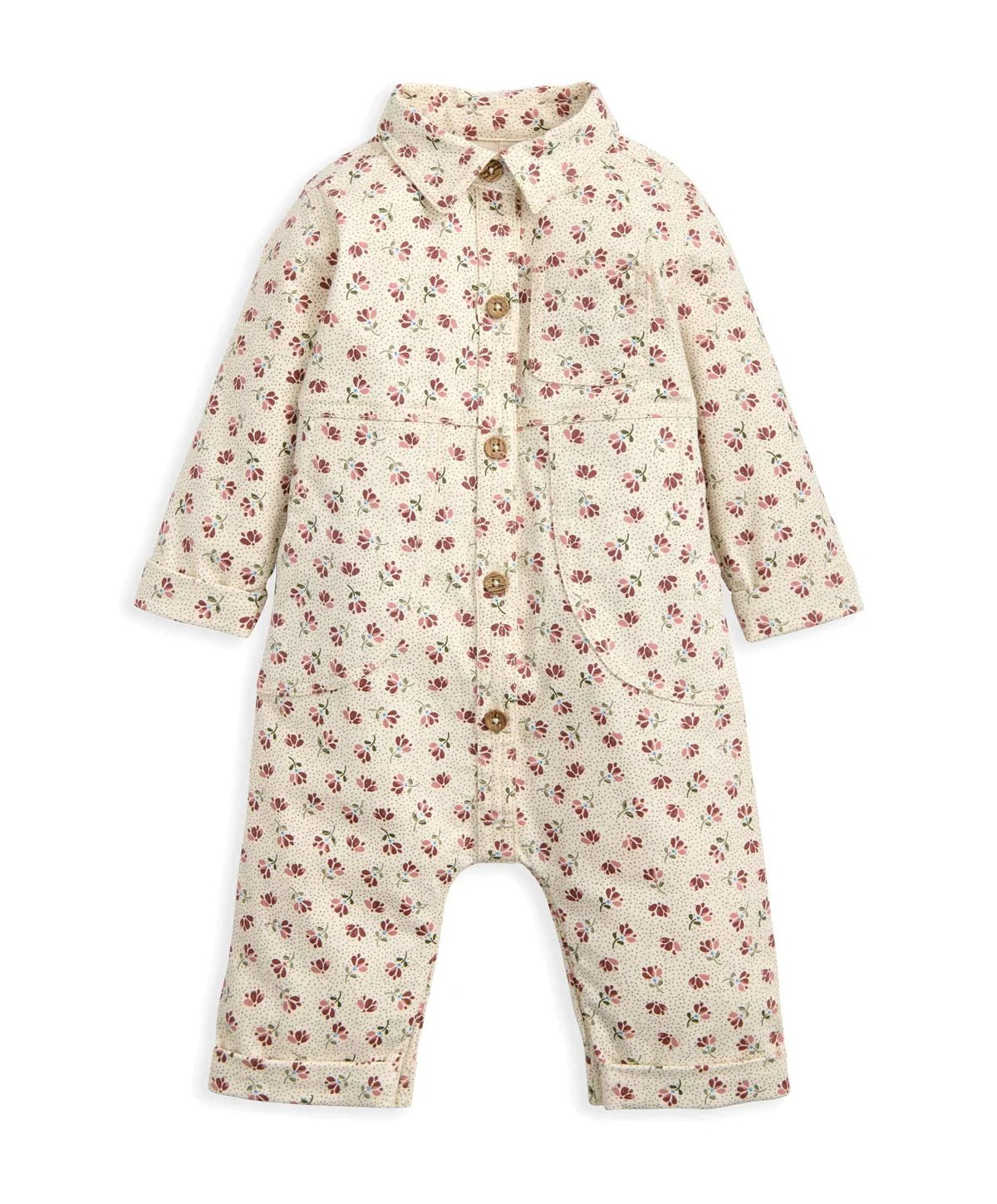Cream floral long-sleeve boiler suit, full button placket, relaxed straight legs