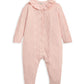 Pink knitted romper with frill collar, long sleeves and buttoned front