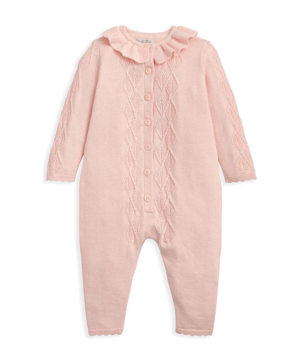 Pink knitted romper with frill collar, long sleeves and buttoned front