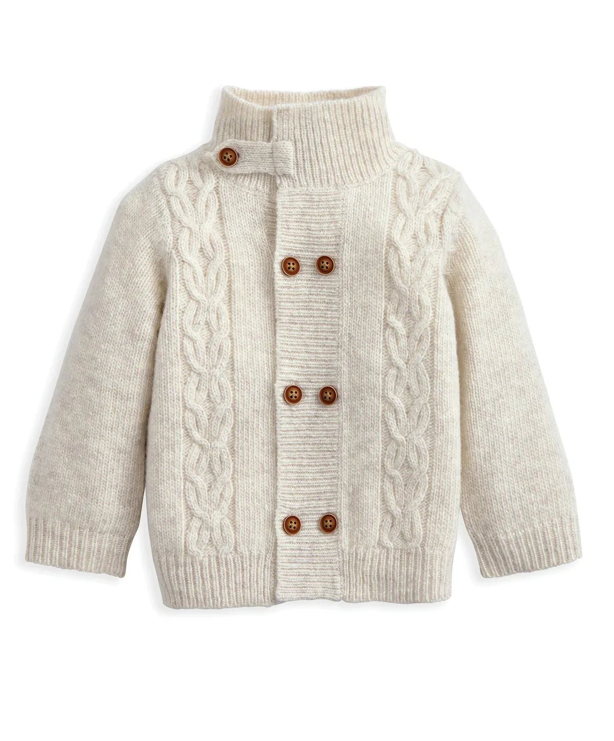 Cream cable knit cardigan with funnel neck and button front, textured cable sleeves