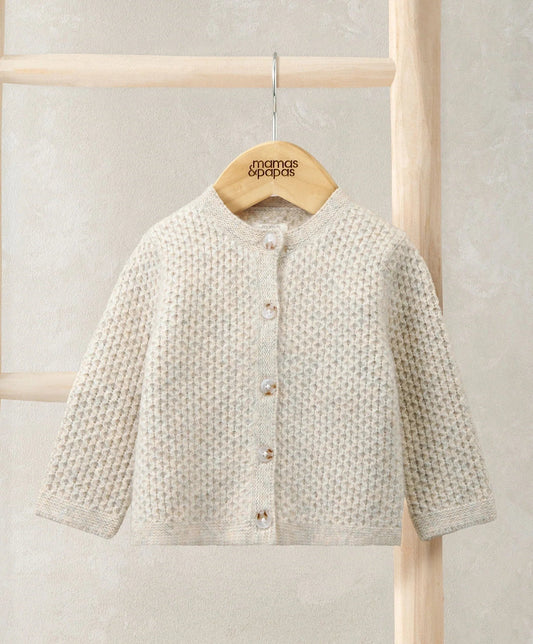 Oatmeal knitted baby cardigan with button front and long sleeves
