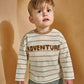Kids cream striped long-sleeve t-shirt with brown Adventure word graphic, crew neck