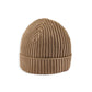 Beige stripe knit beanie hat, ribbed knit crown and cuff