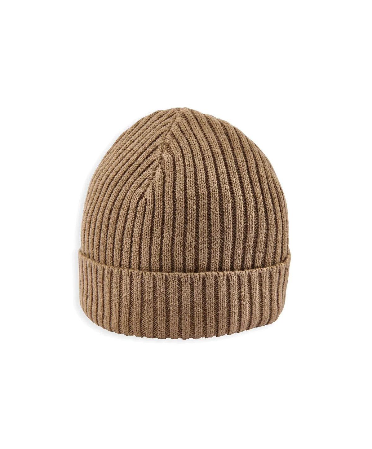 Beige stripe knit beanie hat, ribbed knit crown and cuff