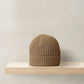 Beige stripe knit beanie hat with ribbed cuff