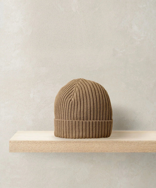 Beige stripe knit beanie hat with ribbed cuff