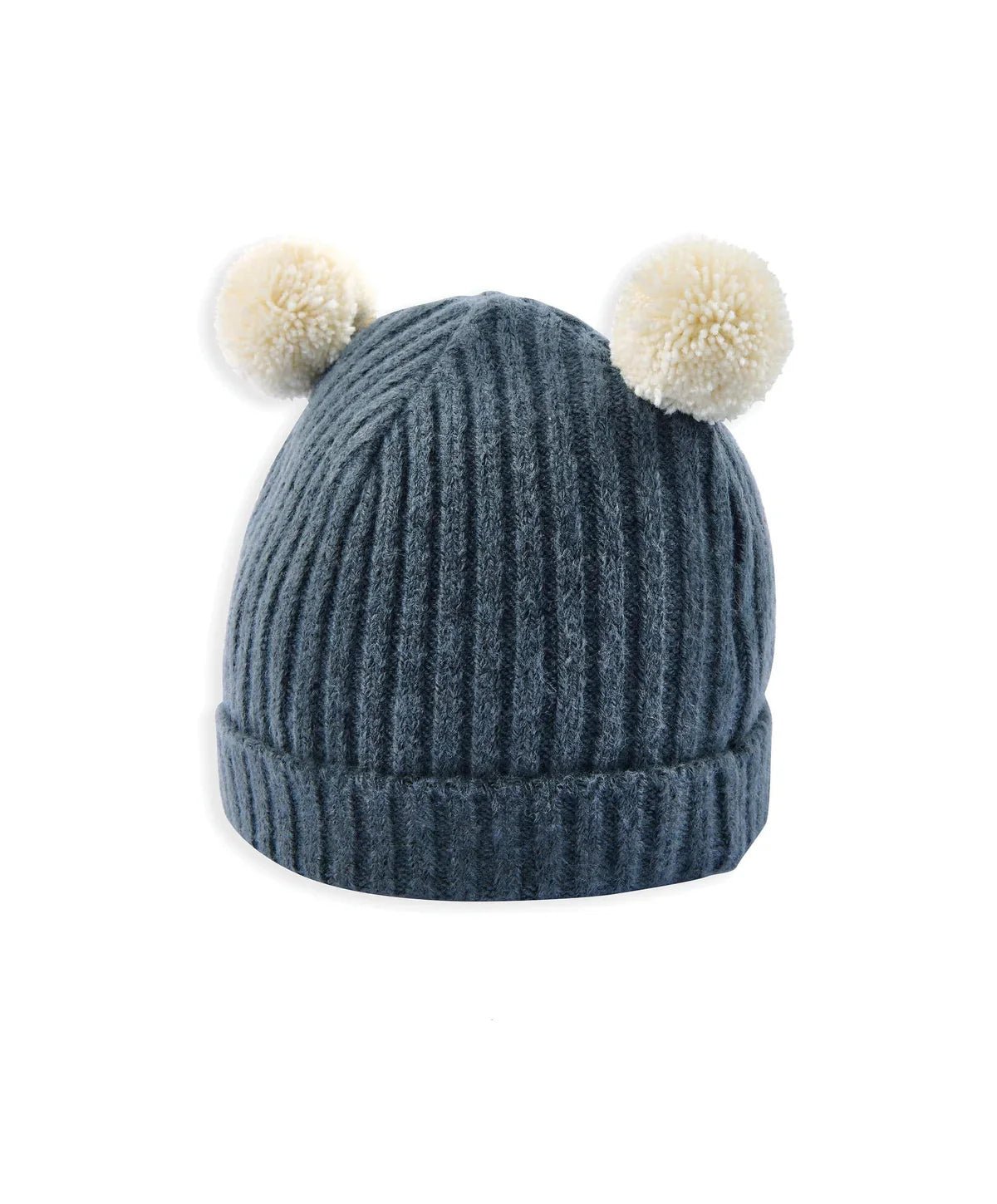 Front-facing dark blue rib knit beanie hat with two white pom poms