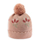 Floral jacquard knit beanie hat in light pink with pom pom and stitched floral pattern