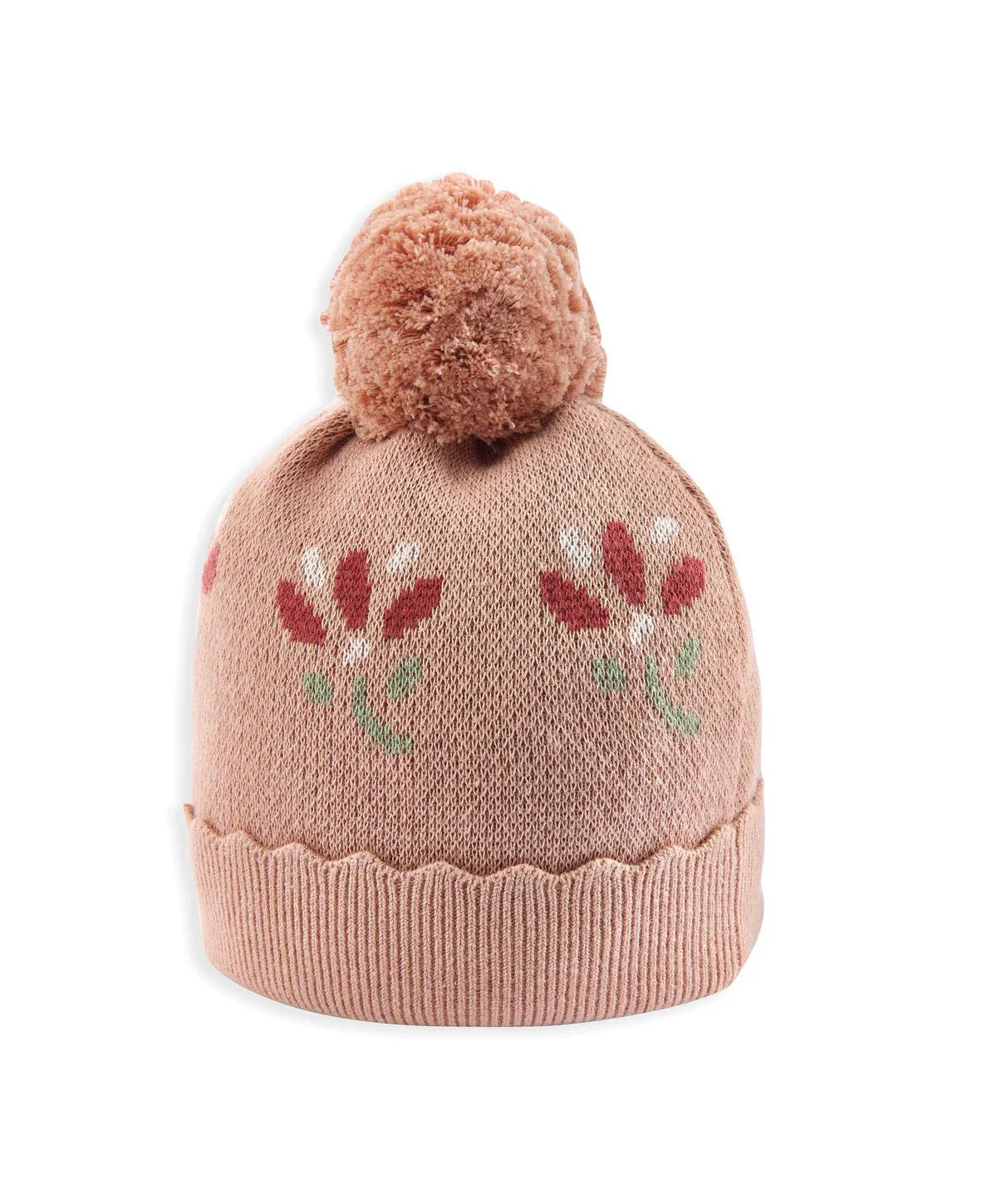 Floral jacquard knit beanie hat in light pink with pom pom and stitched floral pattern