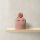 Floral jacquard knit beanie hat in light pink with top pom pom