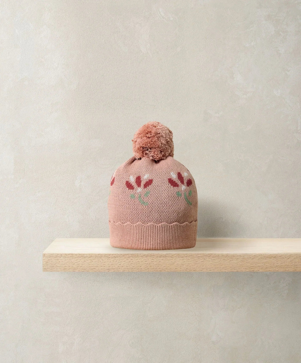 Floral jacquard knit beanie hat in light pink with top pom pom