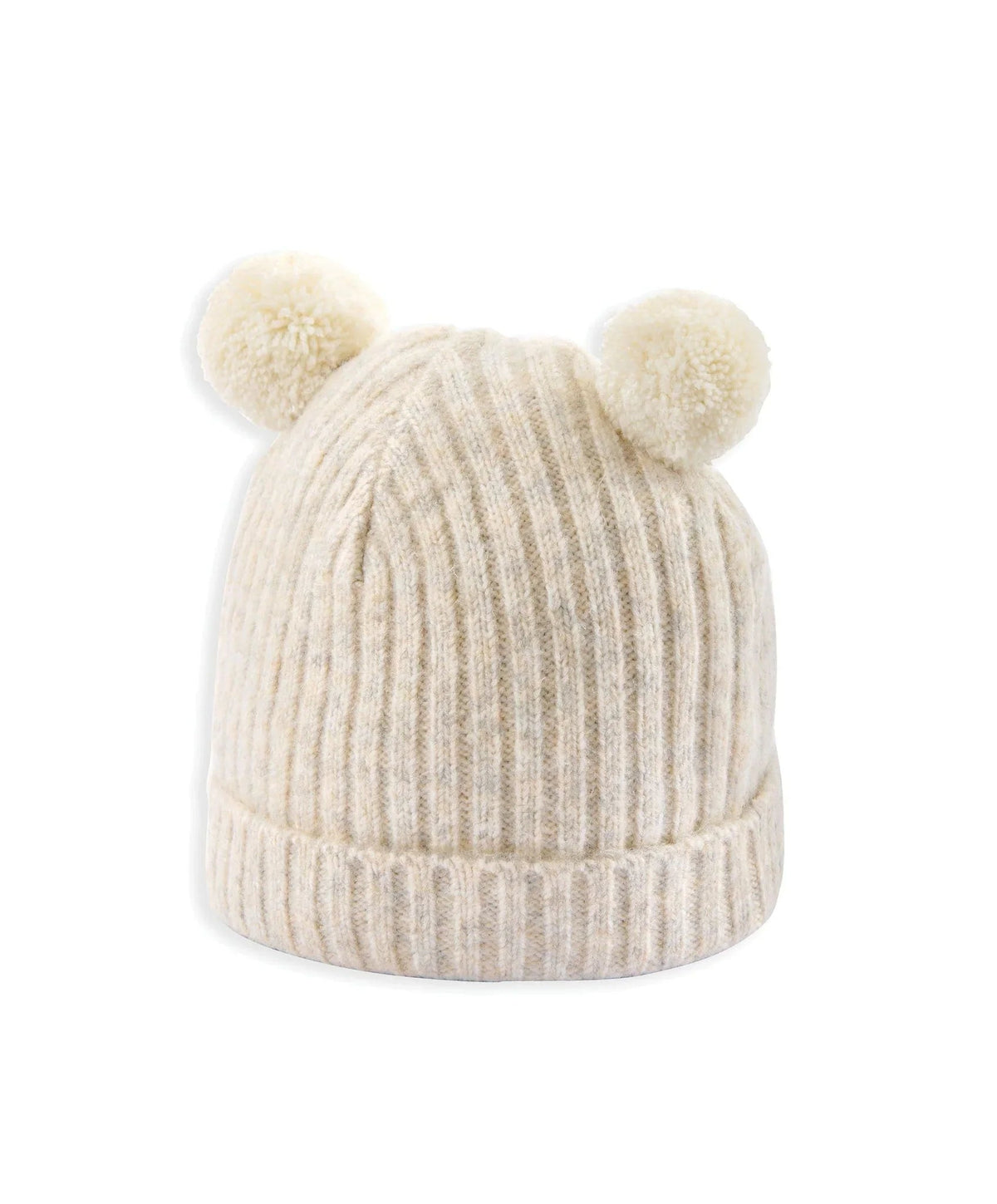 Rib knit beanie with knit pom poms, oatmeal beige, folded cuff