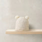 Rib knit beanie hat with two pom poms, oatmeal beige, vertical ribbed knit