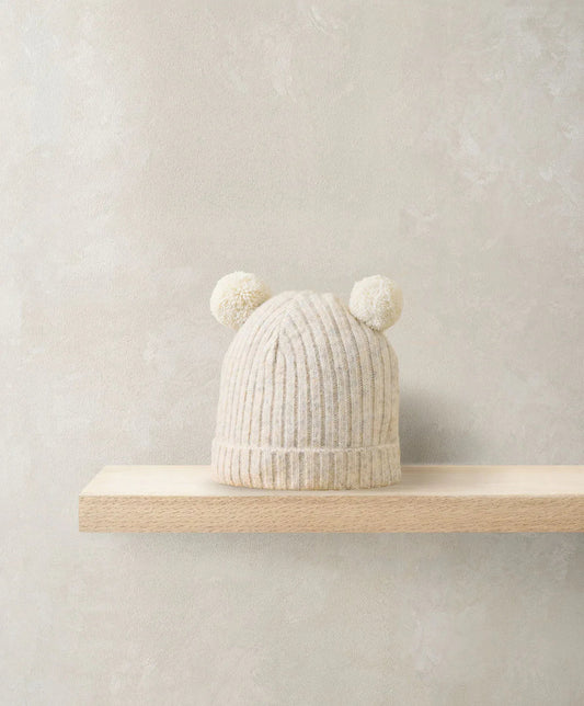 Rib knit beanie hat with two pom poms, oatmeal beige, vertical ribbed knit