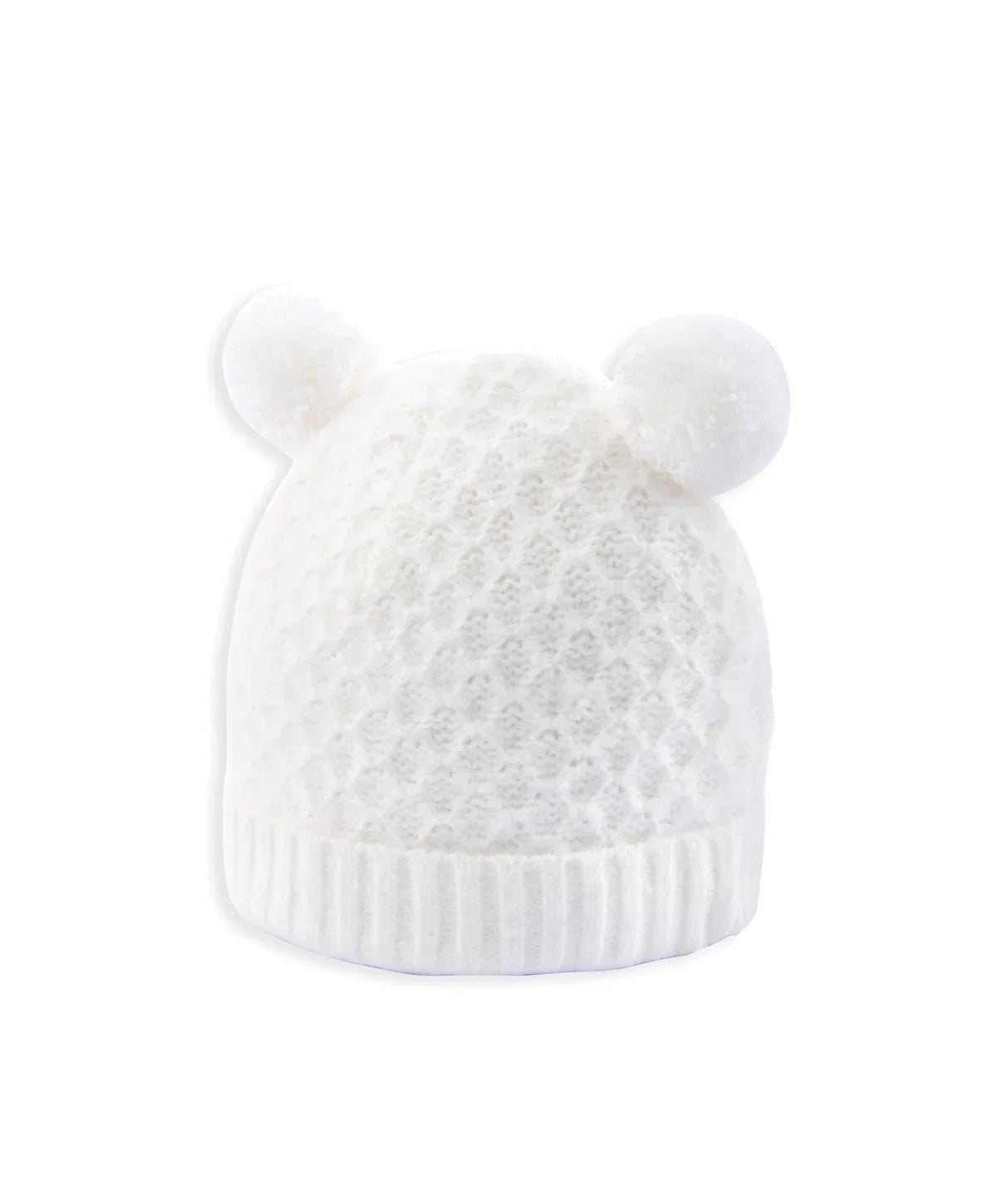 White rib knit beanie with fuzzy pom poms, textured knit, and ribbed cuff