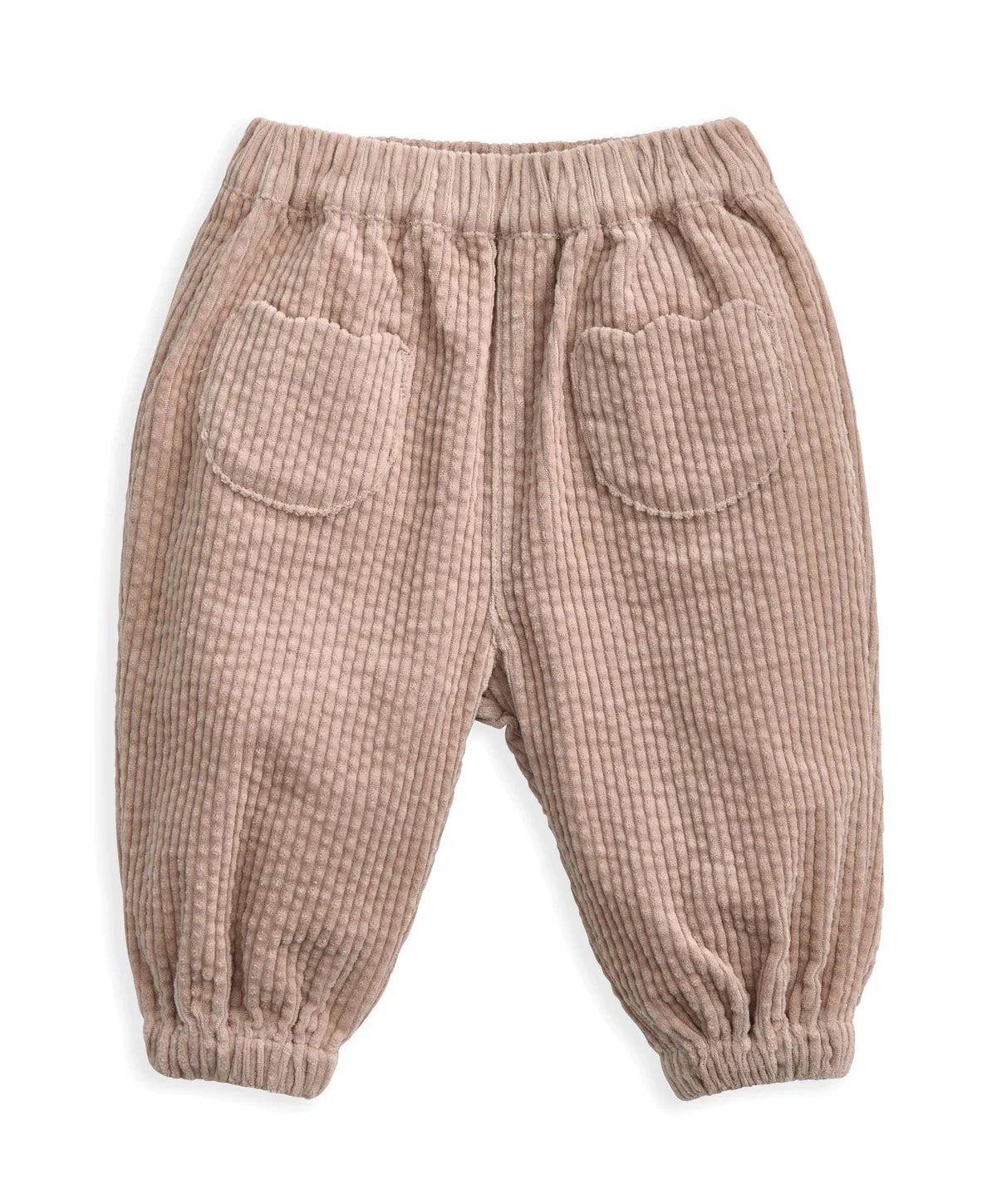 Pink cord trousers, front view, elastic waist with two patch pockets