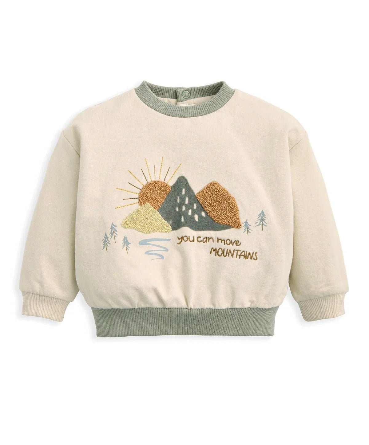 Cream crewneck sweatshirt with front embroidered mountains scene, ribbed hem and cuffs