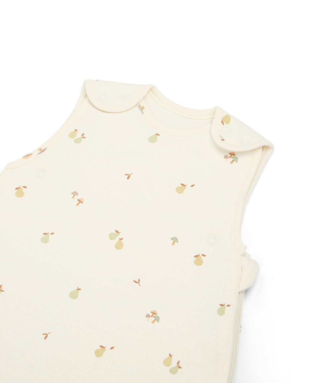 Cream sleeveless sleep bag with orchard fruit print, close-up view