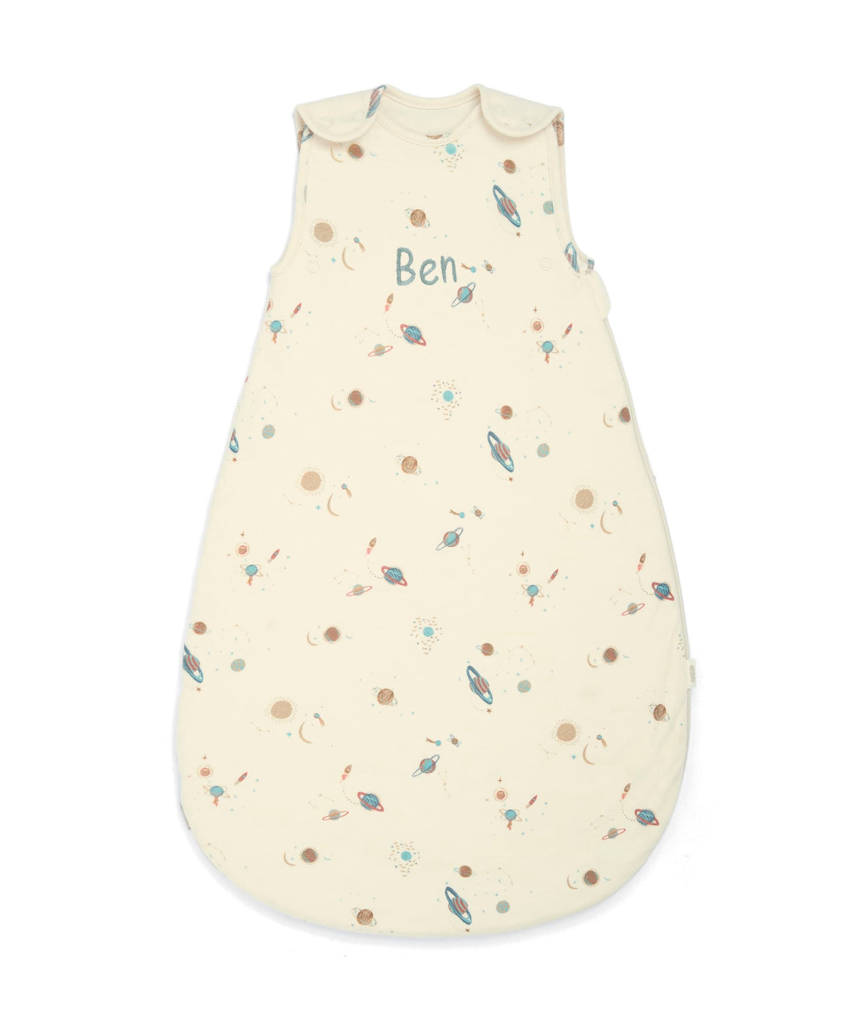 Cream sleeveless sleep bag with planet print and round neck opening