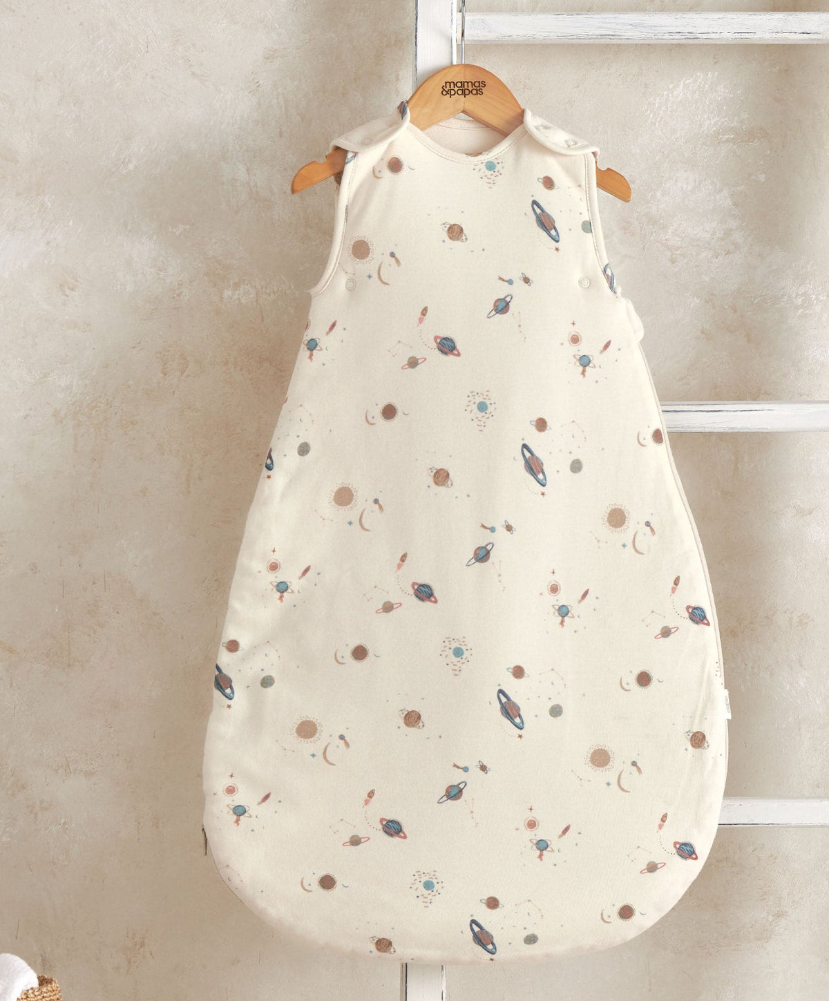Cream sleep bag with planet print, sleeveless with wide shoulder openings