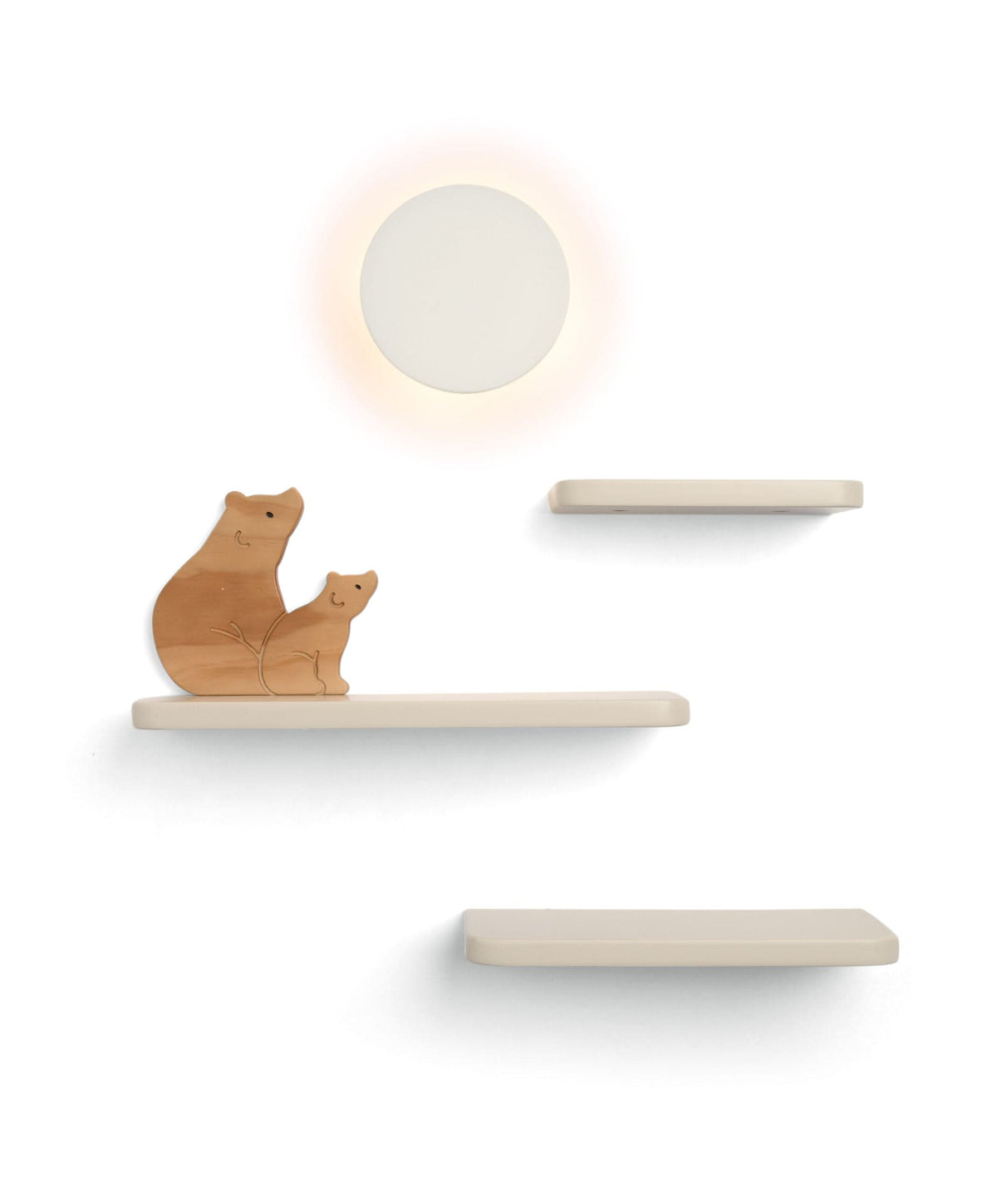 Wall-mounted bear shelf with two floating shelves, small bear and large bear figurines