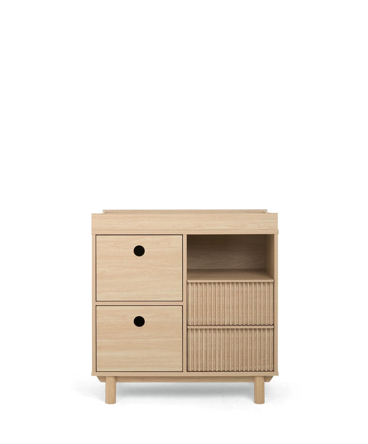 Light oak dresser changer cabinet with two drawers and open ribbed shelving