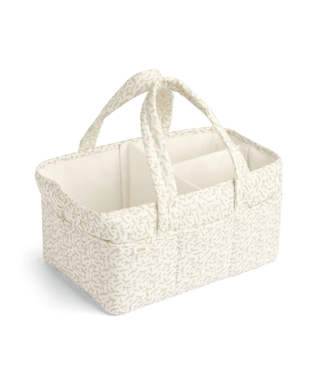 Beige leaf-pattern nappy caddy tote with two loop handles and divided interior storage