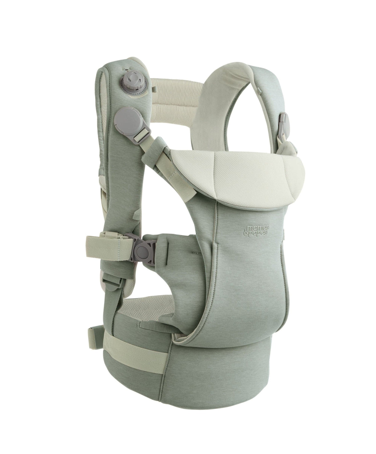Sage green baby carrier with adjustable straps and padded headrest