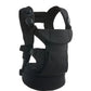 Black ergonomic baby carrier with padded shoulder straps and waist belt, side view