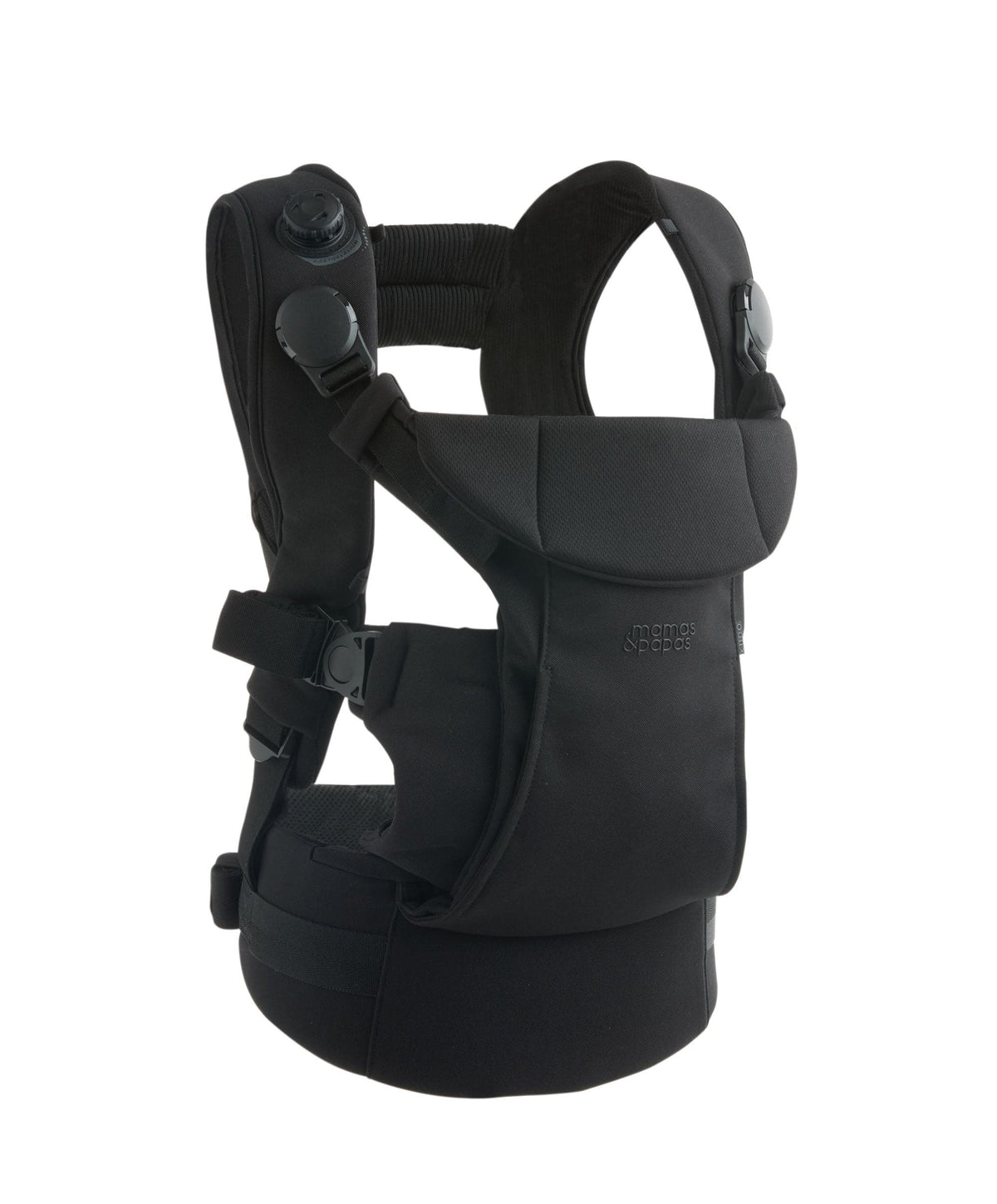 Black ergonomic baby carrier with padded shoulder straps and waist belt, side view
