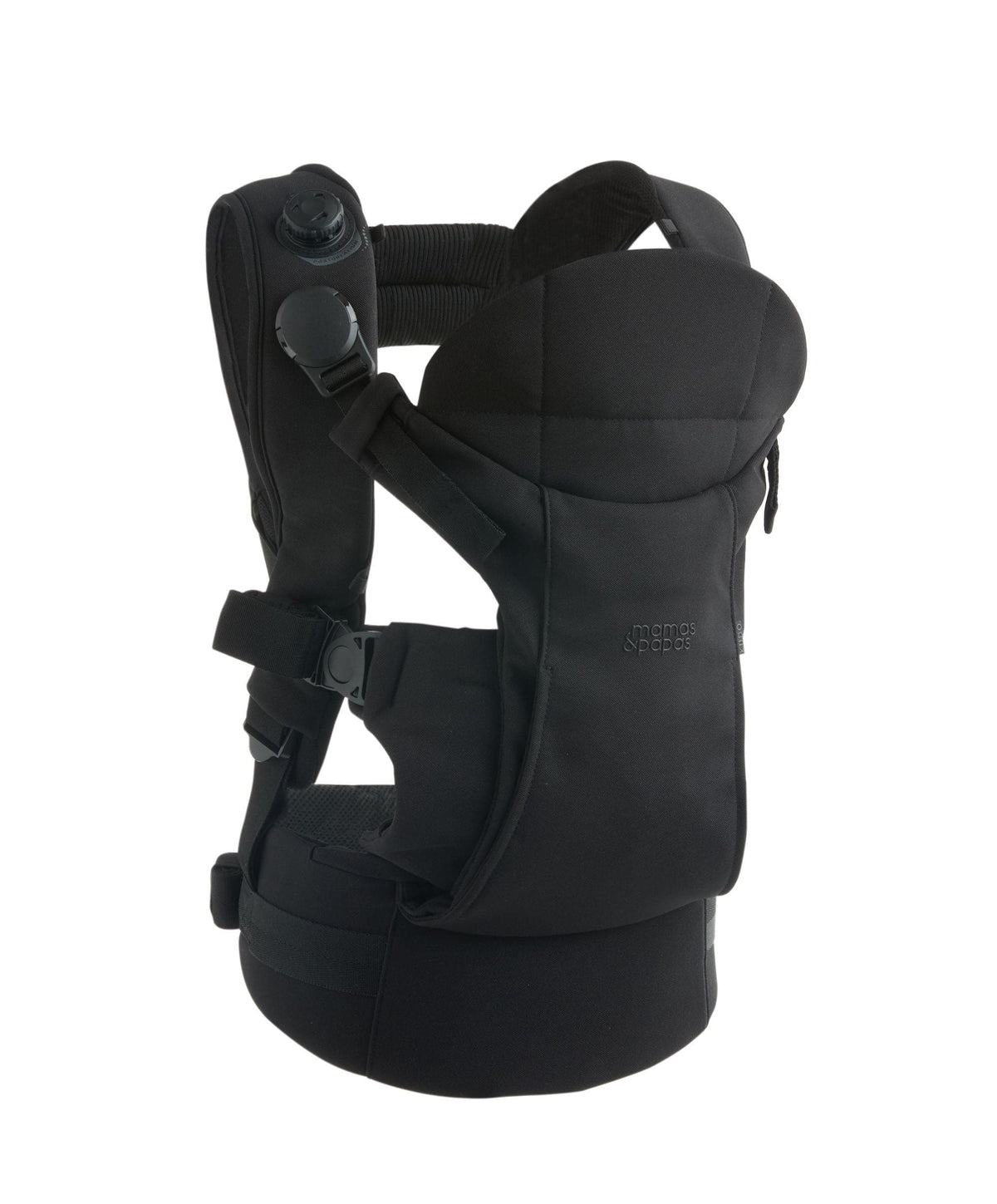 Black baby carrier with padded head support and adjustable straps, back-side view