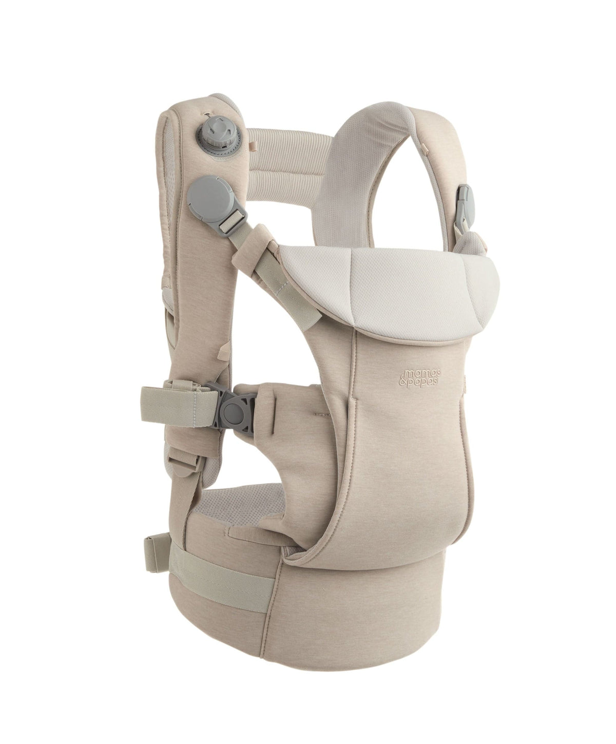 Beige baby carrier with padded headrest, adjustable straps, and front pocket panel