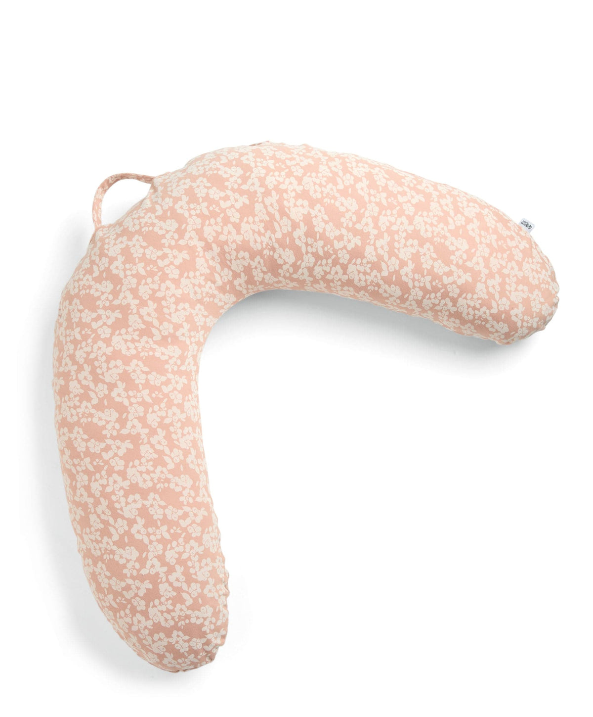 U-shaped nursing pillow in light pink with small white floral peony pattern