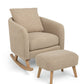Fawn boucle nursing chair with ottoman stool on rocking base, curved arms